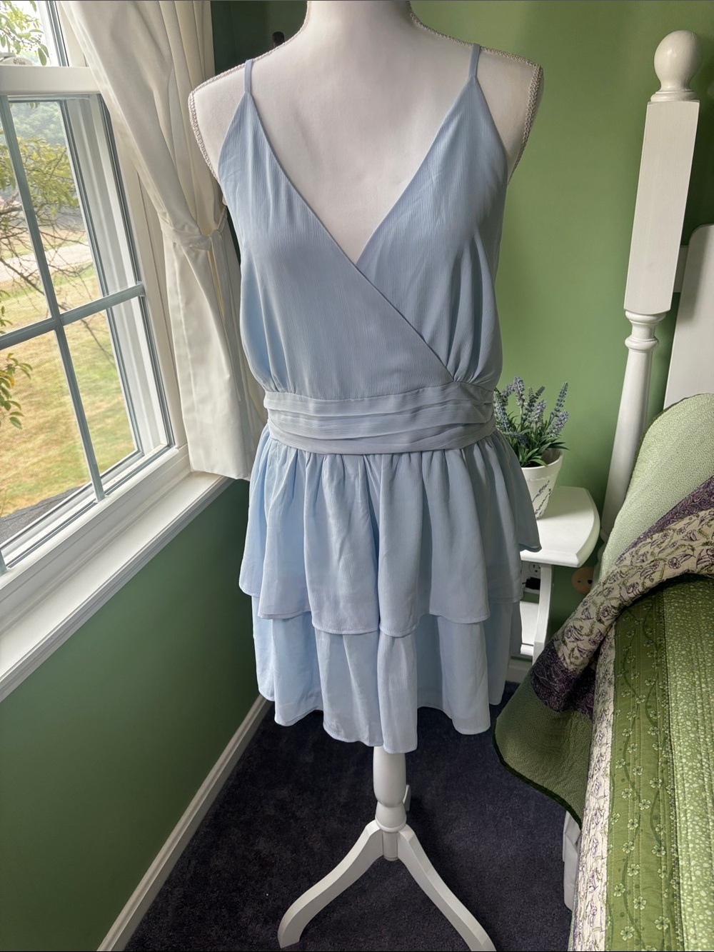 Light Blue Tiered Spaghetti-Strap Romper